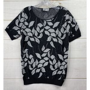 Vintage 80's Kenneth Too! Plus Sweater XL 1X Black Leaft Print Short Sleeve USA